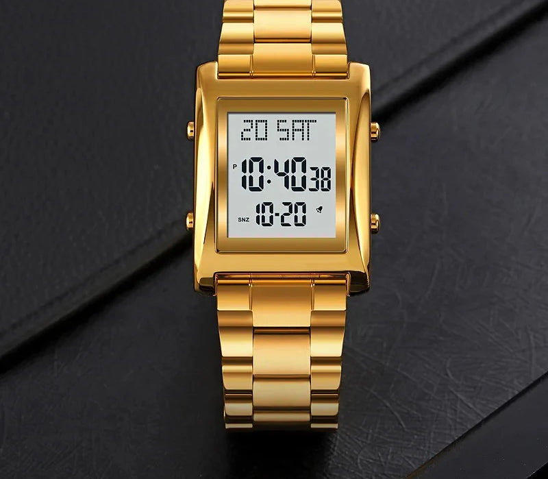 Skmei Men’s Digital Square Watch – Stainless Steel Chain, Quartz Movement