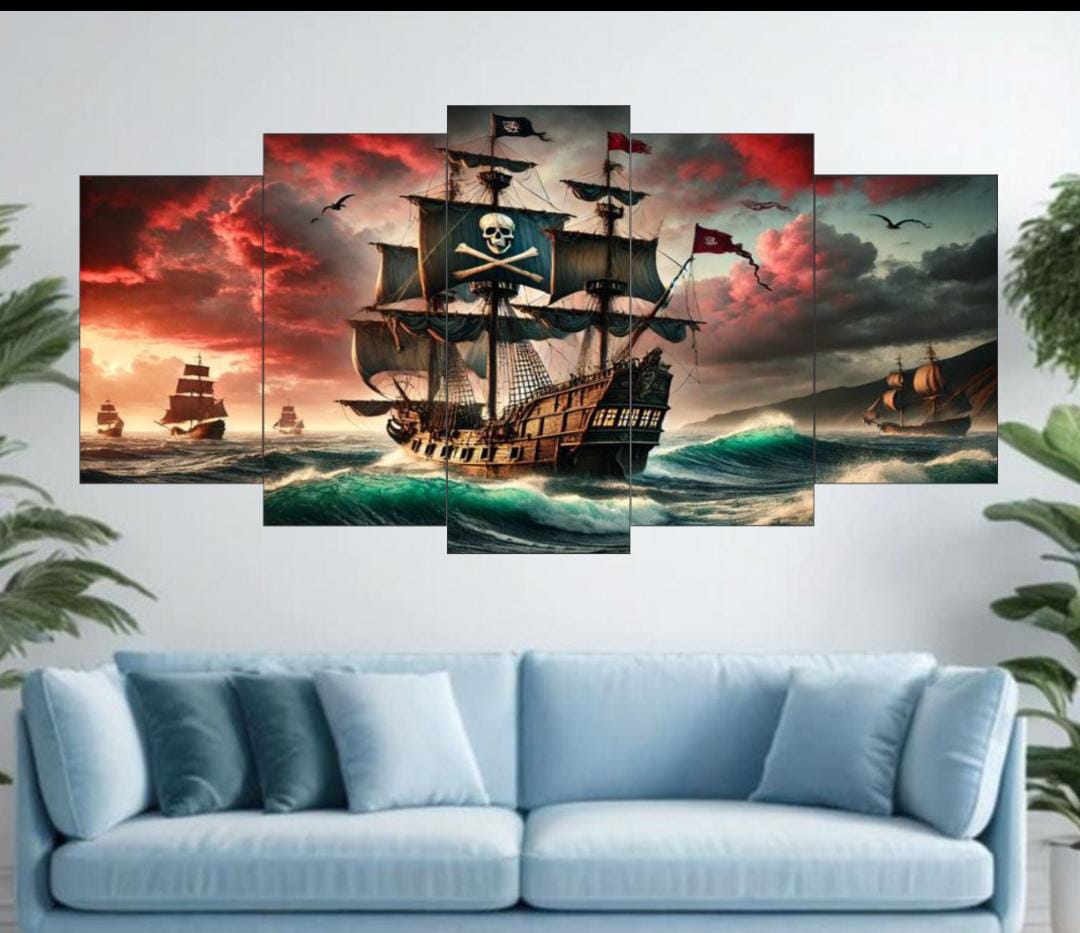 Pirate Ship Ocean Voyage Wall Art – 5-Piece Set (16x40 inches) | Wooden Sticky Tile Frames with Double Tape