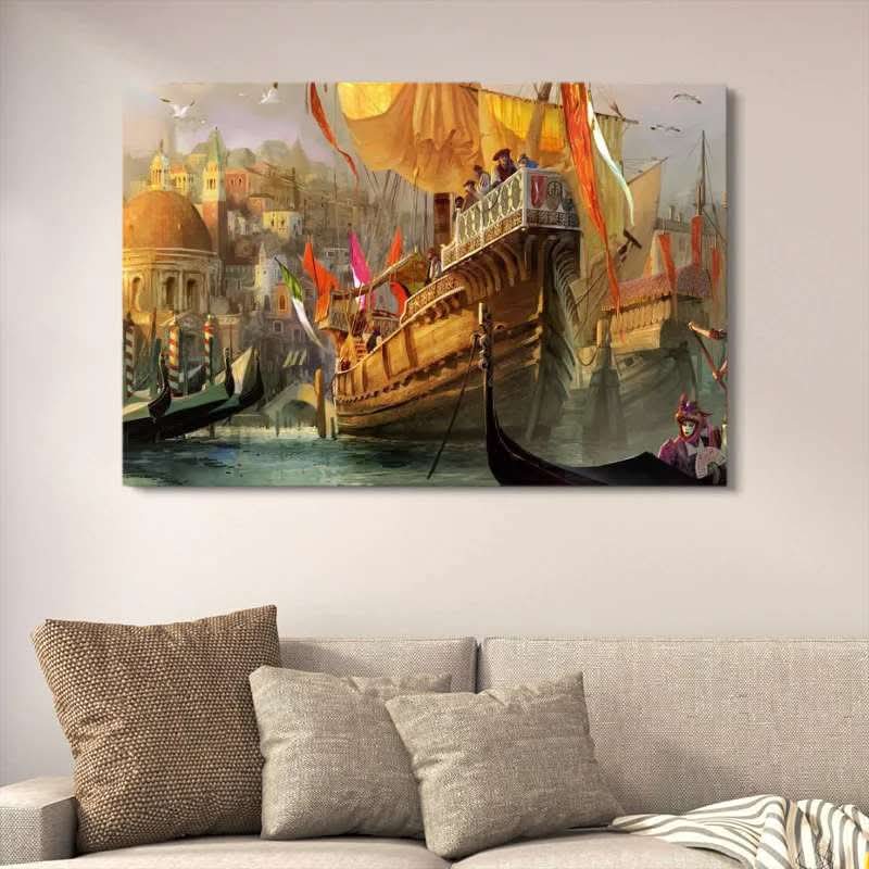 Venetian Merchant Ships Painting Wall Art With Double Tape | 12x16 Inches