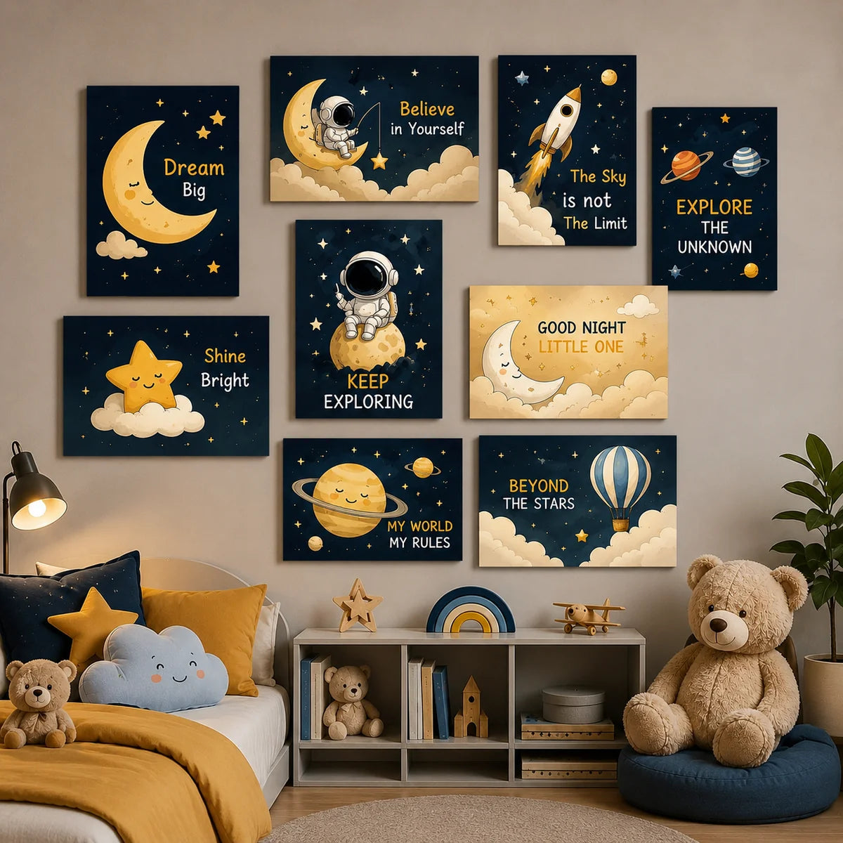 9 Pcs Space Theme Kids Wall Art Tiles – Astronauts, Planets & Stars 8x11 Inches