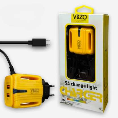 3A Light Change Charger with 2 USB Ports & Built-in Micro USB Cable | Best Quality Charger For Android | Vizo 3A Charger