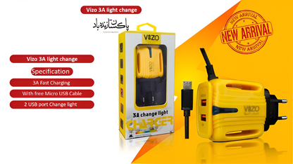 3A Light Change Charger with 2 USB Ports & Built-in Micro USB Cable | Best Quality Charger For Android | Vizo 3A Charger