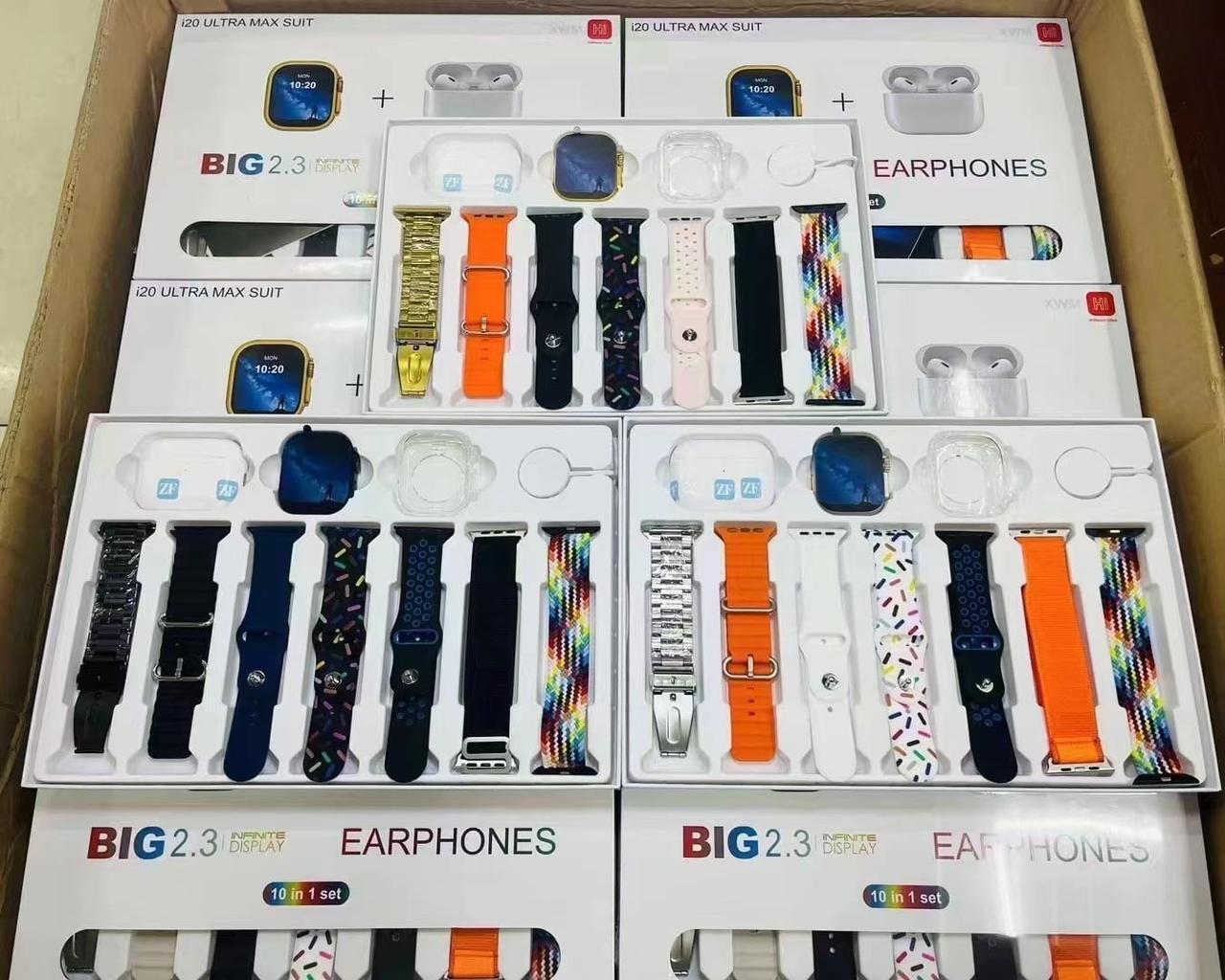 i20 Ultra Max Suit Smartwatch 10-in-1 Box – 2.3-Inch Large Display with 7 Mixed Color Straps and AirPods 2 – Complete Smart Combo Set for Men and Women (Random Color)