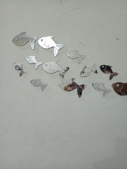30 Pcs Acrylic Fishes Mirror Wall Art Decor Fishes Mirror Stickers Decals for Kids Girls Bedroom Bathroom Playroom silver