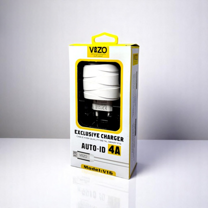 Vizo V16-Type-C – 4A Smart Fast Charger (3 USB Ports + Built-in Type-C Cable) | Best Quality Type-C Charger For Android