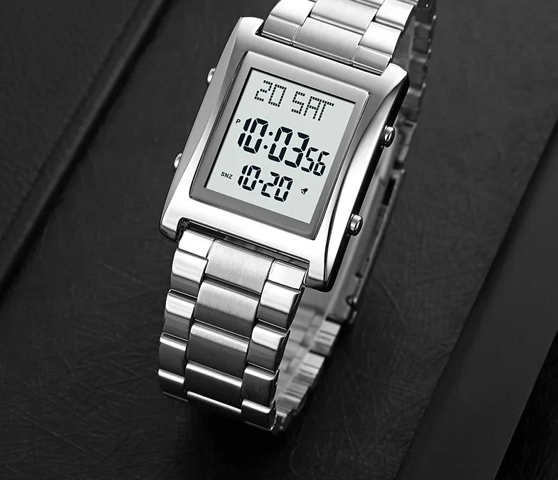 Skmei Men’s Digital Square Watch – Stainless Steel Chain, Quartz Movement