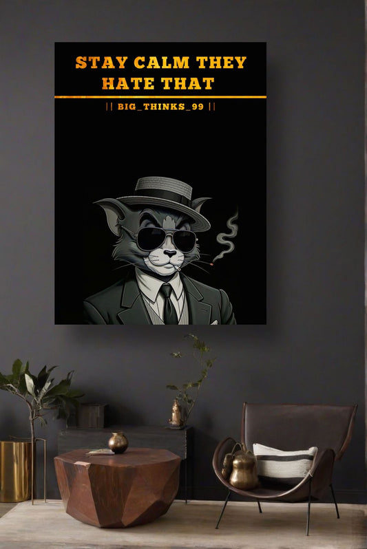 Stay Calm They Hate That” Framed Wall Art – Stylized Cat Portrait with Quote, 12x16