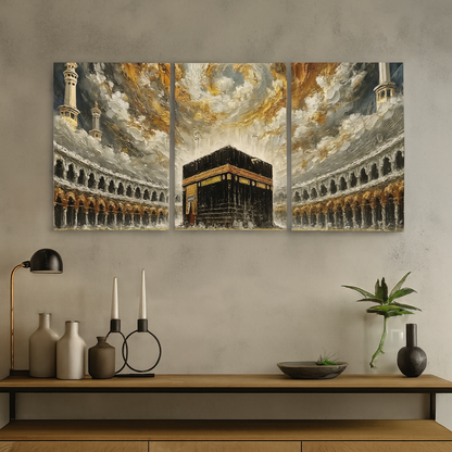 Khana Kaba Wooden Wall Art – 3 Piece Islamic Frame Set Made With Wooden Stickytile, Each Frame 8x11 Inches, Easy To Install With Included Double Tape