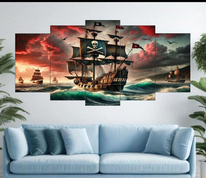 Pirate Ship Ocean Voyage Wall Art – 5-Piece Set (16x40 inches) | Wooden Sticky Tile Frames with Double Tape