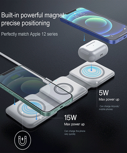 3 in 1 Magnetic Foldable Wireless Charging Station 15W Fast Charger for iPhone, AirPods & Smartwatch
