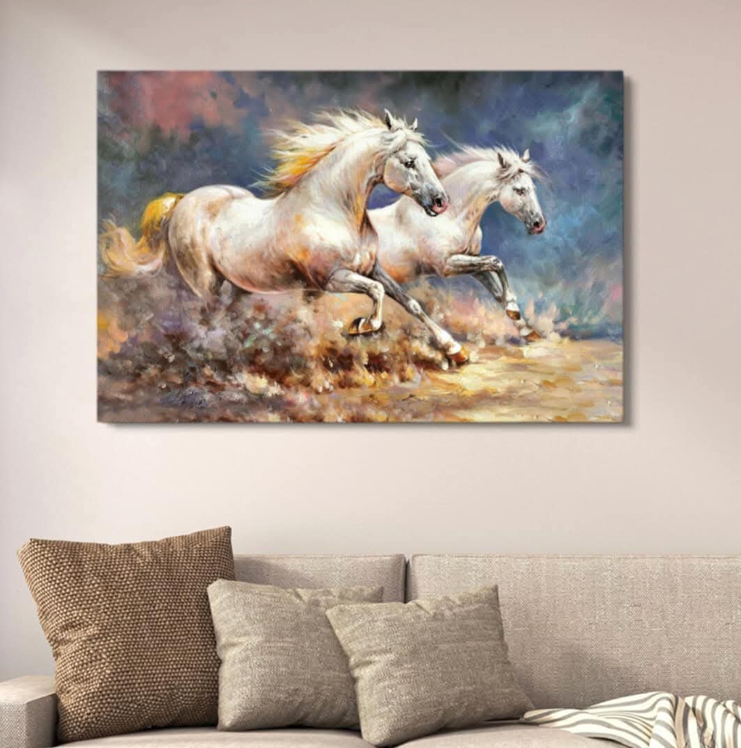 Two Galloping White Horses On The Plains Wall Art With Double Tape | 12x16 Inches