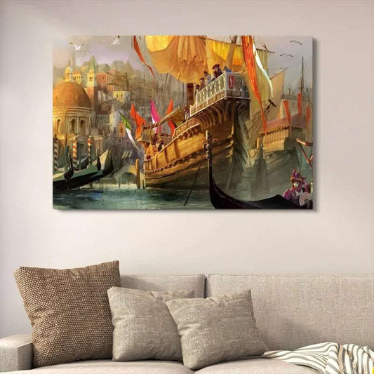 Venetian Merchant Ships Painting Wall Art With Double Tape | 12x16 Inches