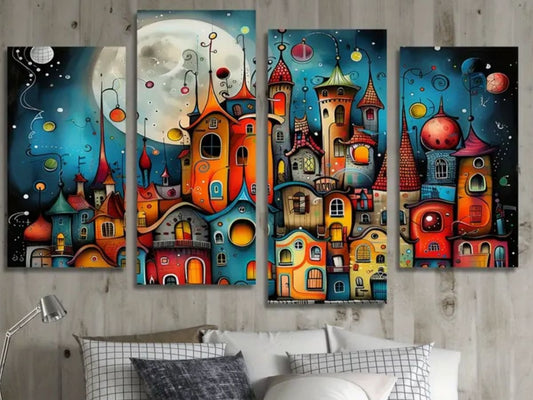 Abstract Fantasy City Wall Art Set – Colorful Modern Decorative Panels (Size : 2pcs 8*14 & 2pcs 8*16)