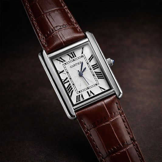 Cartier Style Rectangular Analog Watch for Men – Brown Leather Strap | Quartz Wrist Watch - Golden