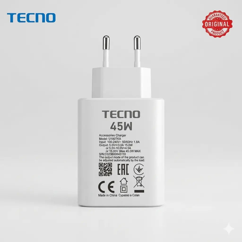 Tecno 45W Original Fast Charging Power Adapter | USB Type-A Wall