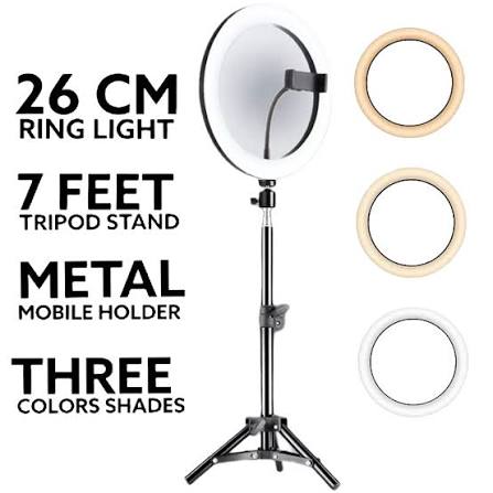 Portable 10-Inch LED Ring Light with 7 Feet Adjustable Tripod Stand & Mobile Holder | 3 Light Modes | Foldable 2 Feet | USB Powered