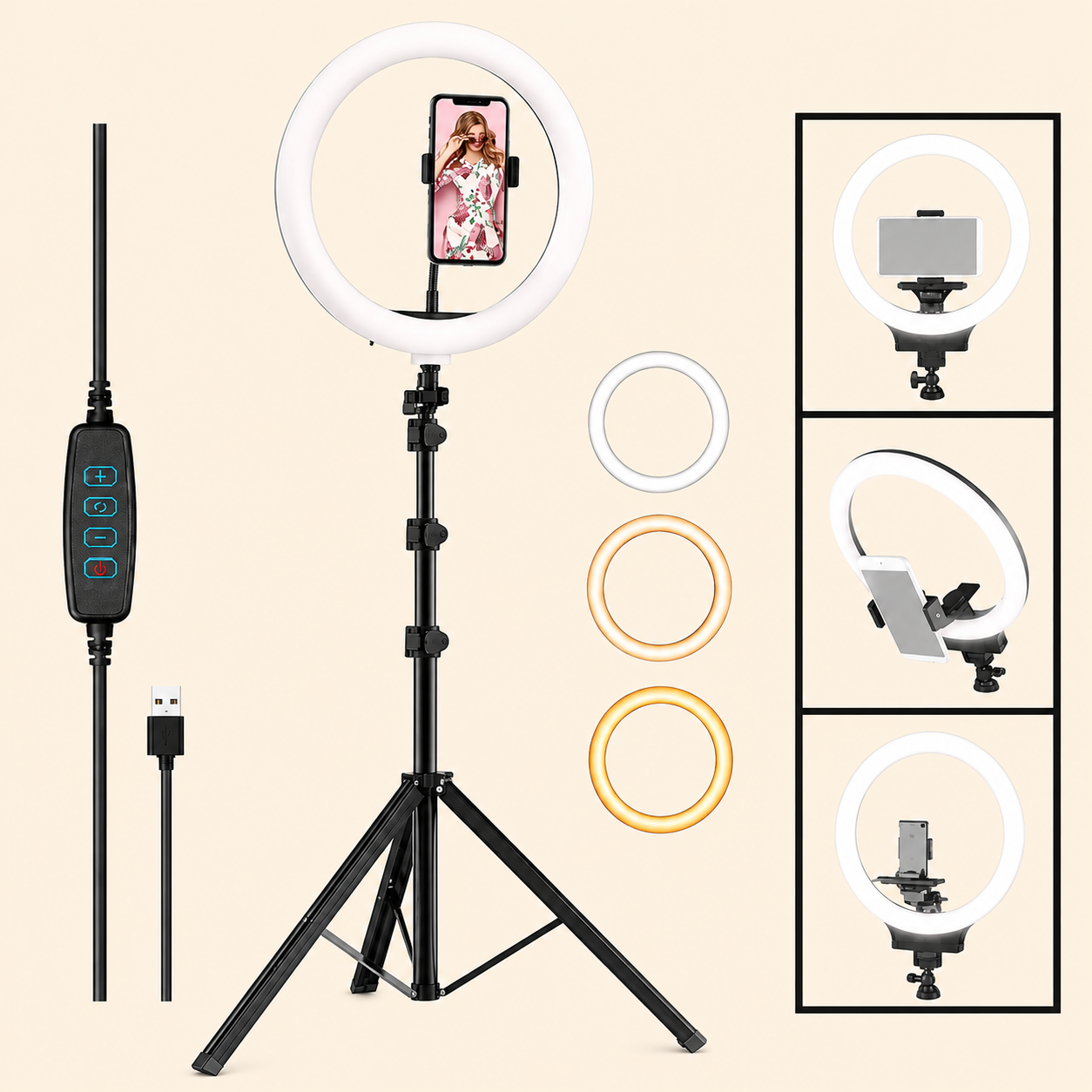 Portable 10-Inch LED Ring Light with 7 Feet Adjustable Tripod Stand & Mobile Holder | 3 Light Modes | Foldable 2 Feet | USB Powered