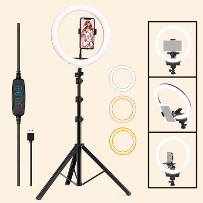 Portable 10-Inch LED Ring Light with 7 Feet Adjustable Tripod Stand & Mobile Holder | 3 Light Modes | Foldable 2 Feet | USB Powered