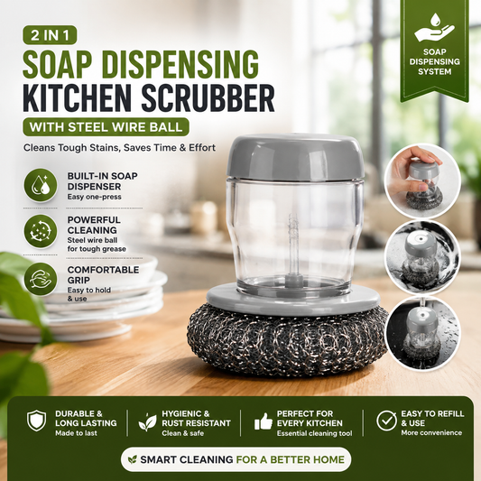 Soap Dispensing Kitchen Scrubber Brush with Steel Wire Ball